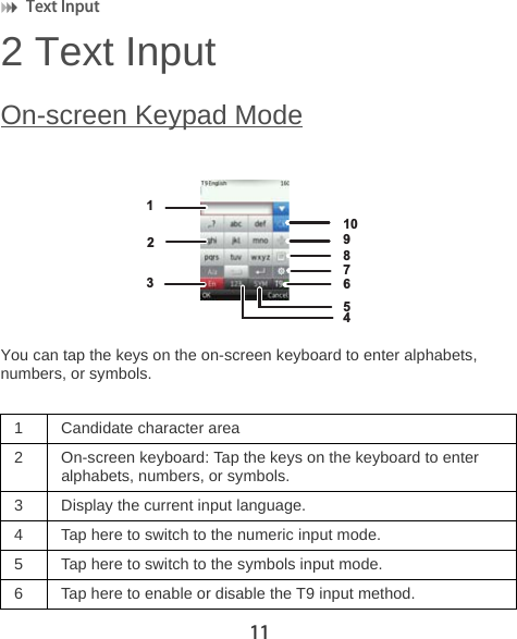 Text Input 112 Text InputOn-screen Keypad ModeYou can tap the keys on the on-screen keyboard to enter alphabets, numbers, or symbols.1 Candidate character area2 On-screen keyboard: Tap the keys on the keyboard to enter alphabets, numbers, or symbols.3 Display the current input language.4 Tap here to switch to the numeric input mode.5 Tap here to switch to the symbols input mode.6 Tap here to enable or disable the T9 input method.12345678910
