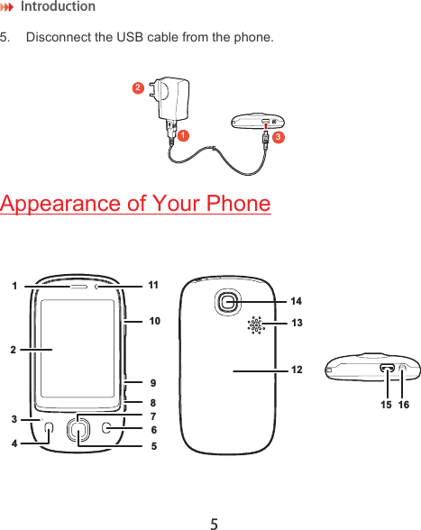 Introduction 55. Disconnect the USB cable from the phone.Appearance of Your Phone23112345671112131415 168910