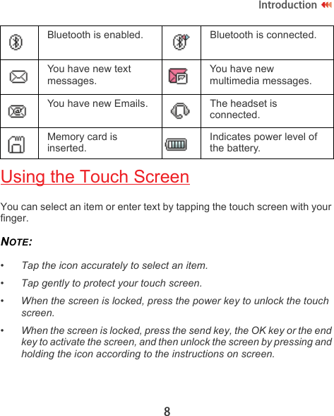 8IntroductionUsing the Touch ScreenYou can select an item or enter text by tapping the touch screen with your finger.NOTE:  •Tap the icon accurately to select an item.• Tap gently to protect your touch screen.• When the screen is locked, press the power key to unlock the touch screen.•When the screen is locked, press the send key, the OK key or the end key to activate the screen, and then unlock the screen by pressing and holding the icon according to the instructions on screen.Bluetooth is enabled. Bluetooth is connected.You have new text messages.You have new multimedia messages.You have new Emails. The headset is connected.Memory card is inserted.Indicates power level of the battery.