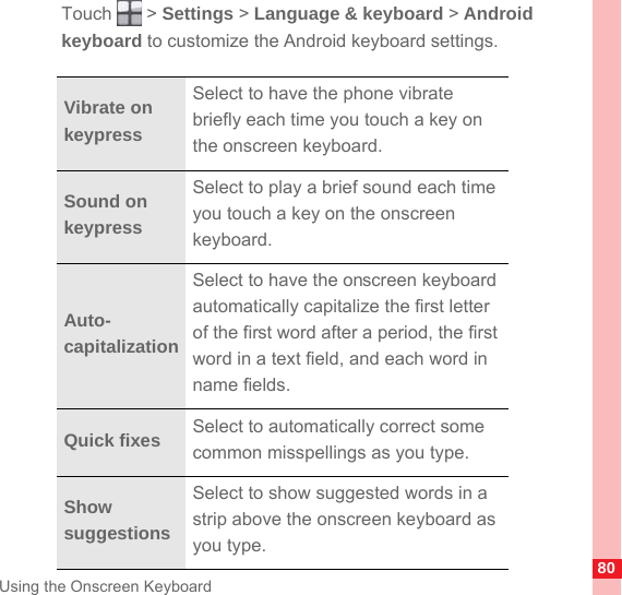 80Using the Onscreen KeyboardTouch  &gt; Settings &gt; Language &amp; keyboard &gt; Android keyboard to customize the Android keyboard settings.Vibrate on keypressSelect to have the phone vibrate briefly each time you touch a key on the onscreen keyboard.Sound on keypressSelect to play a brief sound each time you touch a key on the onscreen keyboard.Auto-capitalizationSelect to have the onscreen keyboard automatically capitalize the first letter of the first word after a period, the first word in a text field, and each word in name fields.Quick fixes Select to automatically correct some common misspellings as you type.Show suggestionsSelect to show suggested words in a strip above the onscreen keyboard as you type.