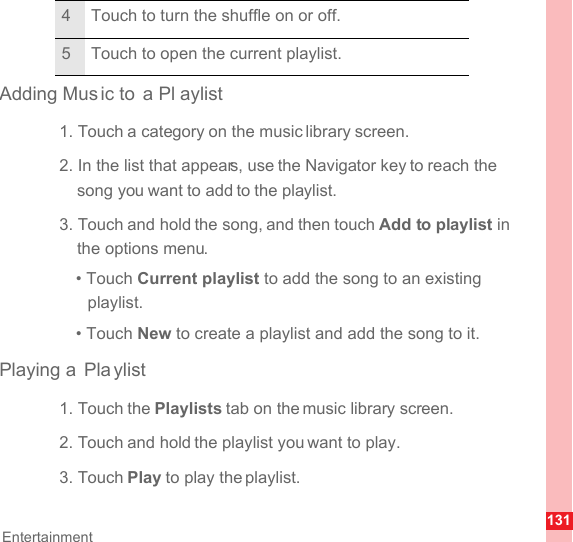 131EntertainmentAdding Music to  a Pl aylist1. Touch a category on the music library screen.2. In the list that appears, use the Navigator key to reach the song you want to add to the playlist.3. Touch and hold the song, and then touch Add to playlist in the options menu.• Touch Current playlist to add the song to an existing playlist.• Touch New to create a playlist and add the song to it.Playing a  Pla ylist1. Touch the Playlists tab on the music library screen.2. Touch and hold the playlist you want to play.3. Touch Play to play the playlist.4 Touch to turn the shuffle on or off.5 Touch to open the current playlist.