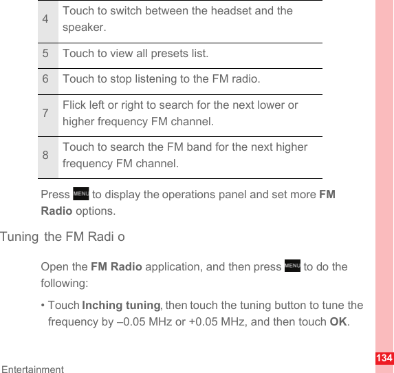 134EntertainmentPress   to display the operations panel and set more FM Radio options.Tuning the FM Radi oOpen the FM Radio application, and then press   to do the following:• Touch Inching tuning, then touch the tuning button to tune the frequency by –0.05 MHz or +0.05 MHz, and then touch OK. 4Touch to switch between the headset and the speaker.5 Touch to view all presets list.6 Touch to stop listening to the FM radio.7Flick left or right to search for the next lower or higher frequency FM channel.8Touch to search the FM band for the next higher frequency FM channel.MENUkeyMENUkey