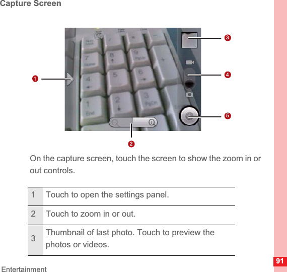 91EntertainmentCapture ScreenOn the capture screen, touch the screen to show the zoom in or out controls.1 Touch to open the settings panel.2 Touch to zoom in or out.3Thumbnail of last photo. Touch to preview the photos or videos.12345