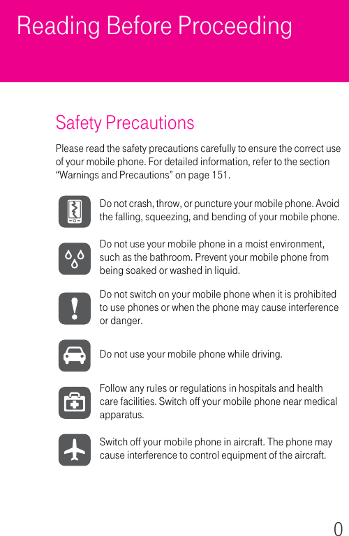 0Reading Before ProceedingSafety PrecautionsPlease read the safety precautions carefully to ensure the correct use of your mobile phone. For detailed information, refer to the section “Warnings and Precautions” on page 151.Do not crash, throw, or puncture your mobile phone. Avoid the falling, squeezing, and bending of your mobile phone.Do not use your mobile phone in a moist environment, such as the bathroom. Prevent your mobile phone from being soaked or washed in liquid.Do not switch on your mobile phone when it is prohibited to use phones or when the phone may cause interference or danger.Do not use your mobile phone while driving.Follow any rules or regulations in hospitals and health care facilities. Switch off your mobile phone near medical apparatus.Switch off your mobile phone in aircraft. The phone may cause interference to control equipment of the aircraft.