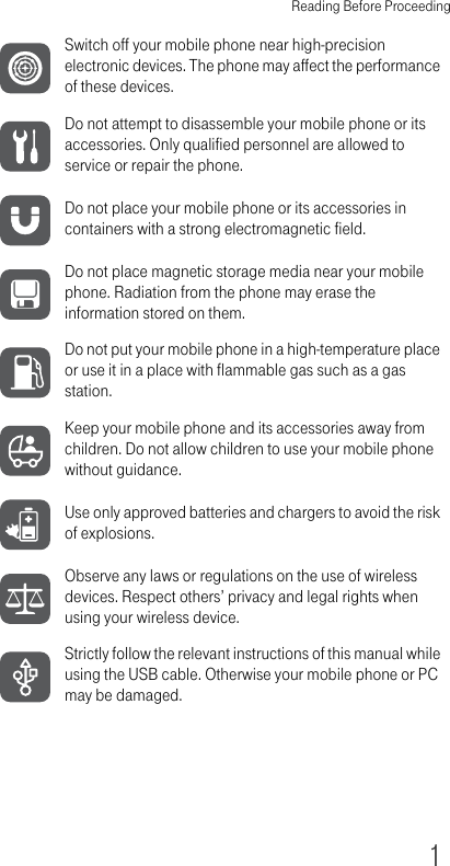 Reading Before Proceeding1Switch off your mobile phone near high-precision electronic devices. The phone may affect the performance of these devices.Do not attempt to disassemble your mobile phone or its accessories. Only qualified personnel are allowed to service or repair the phone.Do not place your mobile phone or its accessories in containers with a strong electromagnetic field.Do not place magnetic storage media near your mobile phone. Radiation from the phone may erase the information stored on them.Do not put your mobile phone in a high-temperature place or use it in a place with flammable gas such as a gas station.Keep your mobile phone and its accessories away from children. Do not allow children to use your mobile phone without guidance.Use only approved batteries and chargers to avoid the risk of explosions.Observe any laws or regulations on the use of wireless devices. Respect others’ privacy and legal rights when using your wireless device.Strictly follow the relevant instructions of this manual while using the USB cable. Otherwise your mobile phone or PC may be damaged.