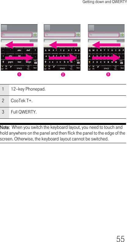 Getting down and QWERTY55Note:  When you switch the keyboard layout, you need to touch and hold anywhere on the panel and then flick the panel to the edge of the screen. Otherwise, the keyboard layout cannot be switched.112–key Phonepad.2 CooTek T+.3Full QWERTY.123