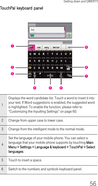 Getting down and QWERTY56TouchPal keyboard panel1Displays the word candidate list. Touch a word to insert it into your text. If Word suggestions is enabled, the suggested word is highlighted. To enable the function, please refer to “Customizing the Inputting Settings” on page 60.2 Change from upper case to lower case.3 Change from the intelligent mode to the normal mode.4Set the language of your mobile phone. You can select a language that your mobile phone supports by touching Main Menu &gt; Settings &gt; Language &amp; keyboard &gt; TouchPal &gt; Select languages.5 Touch to insert a space.6 Switch to the numbers and symbols keyboard panel.1789234 5 6