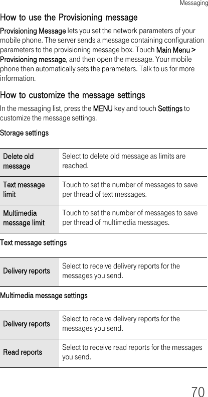 Messaging70How to use the Provisioning messageProvisioning Message lets you set the network parameters of your mobile phone. The server sends a message containing configuration parameters to the provisioning message box. Touch Main Menu &gt; Provisioning message, and then open the message. Your mobile phone then automatically sets the parameters. Talk to us for more information.How to customize the message settingsIn the messaging list, press the MENU key and touch Settings to customize the message settings.Storage settingsText message settingsMultimedia message settingsDelete old messageSelect to delete old message as limits are reached.Text message limitTouch to set the number of messages to save per thread of text messages.Multimedia message limitTouch to set the number of messages to save per thread of multimedia messages.Delivery reports Select to receive delivery reports for the messages you send.Delivery reports Select to receive delivery reports for the messages you send.Read reports Select to receive read reports for the messages you send.