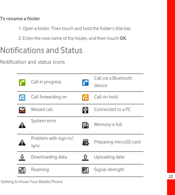22Getting to Know Your Mobile PhoneTo rename a folder1. Open a folder. Then touch and hold the folder’s title bar.2. Enter the new name of the folder, and then touch OK.Notifications and StatusNotification and status iconsCall in progress Call via a Bluetooth deviceCall forwarding on Call on holdMissed call Connected to a PCSystem error Memory is fullProblem with sign-in/sync Preparing mircoSD cardDownloading data Uploading dataRoaming Signal strength