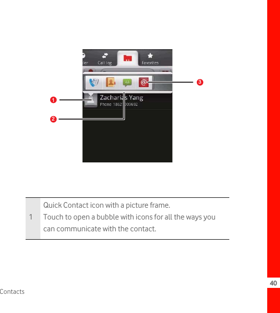 40Contacts1Quick Contact icon with a picture frame.Touch to open a bubble with icons for all the ways you can communicate with the contact.132
