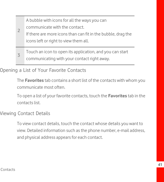 41ContactsOpening a List of Your Favorite ContactsThe Favorites tab contains a short list of the contacts with whom you communicate most often.To open a list of your favorite contacts, touch the Favorites tab in the contacts list.Viewing Contact DetailsTo view contact details, touch the contact whose details you want to view. Detailed information such as the phone number, e-mail address, and physical address appears for each contact.2A bubble with icons for all the ways you can communicate with the contact.If there are more icons than can fit in the bubble, drag the icons left or right to view them all.3Touch an icon to open its application, and you can start communicating with your contact right away.