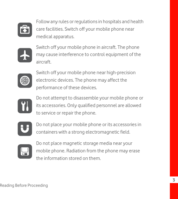 3Reading Before ProceedingFollow any rules or regulations in hospitals and health care facilities. Switch off your mobile phone near medical apparatus.Switch off your mobile phone in aircraft. The phone may cause interference to control equipment of the aircraft.Switch off your mobile phone near high-precision electronic devices. The phone may affect the performance of these devices.Do not attempt to disassemble your mobile phone or its accessories. Only qualified personnel are allowed to service or repair the phone.Do not place your mobile phone or its accessories in containers with a strong electromagnetic field.Do not place magnetic storage media near your mobile phone. Radiation from the phone may erase the information stored on them.