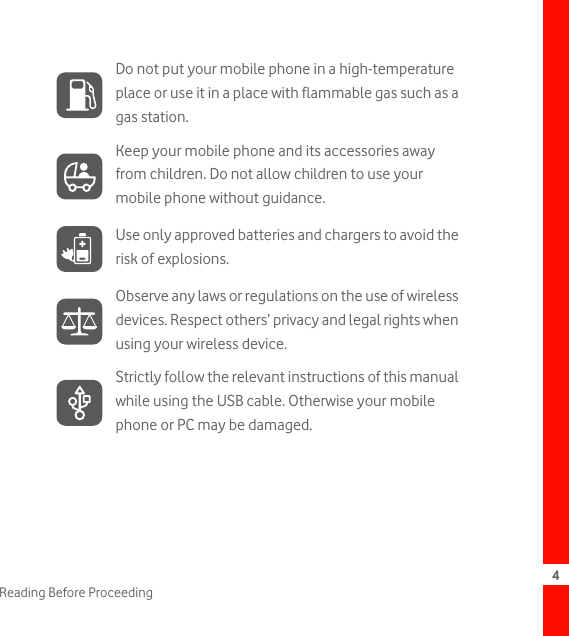 4Reading Before ProceedingDo not put your mobile phone in a high-temperature place or use it in a place with flammable gas such as a gas station.Keep your mobile phone and its accessories away from children. Do not allow children to use your mobile phone without guidance.Use only approved batteries and chargers to avoid the risk of explosions.Observe any laws or regulations on the use of wireless devices. Respect others’ privacy and legal rights when using your wireless device.Strictly follow the relevant instructions of this manual while using the USB cable. Otherwise your mobile phone or PC may be damaged.