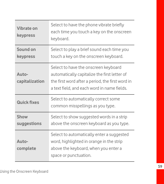 59Using the Onscreen KeyboardVibrate on keypressSelect to have the phone vibrate briefly each time you touch a key on the onscreen keyboard.Sound on keypressSelect to play a brief sound each time you touch a key on the onscreen keyboard.Auto-capitalizationSelect to have the onscreen keyboard automatically capitalize the first letter of the first word after a period, the first word in a text field, and each word in name fields.Quick fixes Select to automatically correct some common misspellings as you type.Show suggestionsSelect to show suggested words in a strip above the onscreen keyboard as you type.Auto-completeSelect to automatically enter a suggested word, highlighted in orange in the strip above the keyboard, when you enter a space or punctuation.