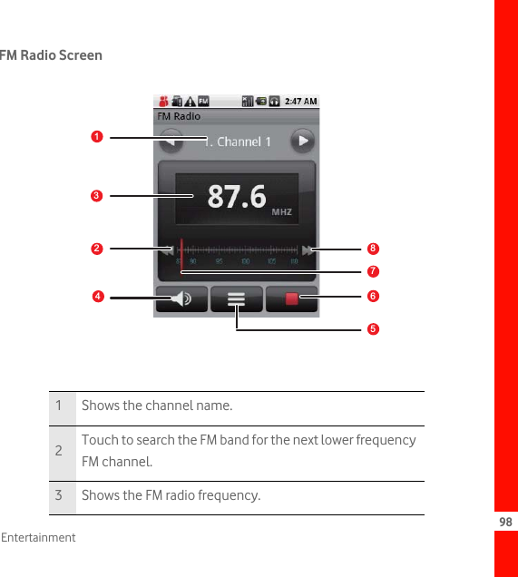 98EntertainmentFM Radio Screen1 Shows the channel name.2Touch to search the FM band for the next lower frequency FM channel.3 Shows the FM radio frequency.picture12347865