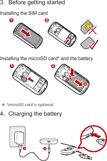 3.  Before getting startedInstalling the SIM cardInstalling the microSD card* and the battery★★*microSD★card★is★optional.4.  Charging the battery1 21 2
