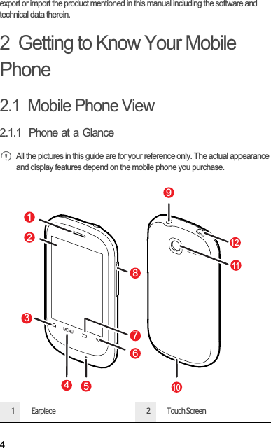 4export or import the product mentioned in this manual including the software and technical data therein.2  Getting to Know Your Mobile Phone2.1  Mobile Phone View2.1.1  Phone at a GlanceAll the pictures in this guide are for your reference only. The actual appearance and display features depend on the mobile phone you purchase.1 Earpiece 2Touch Screen671423589101112