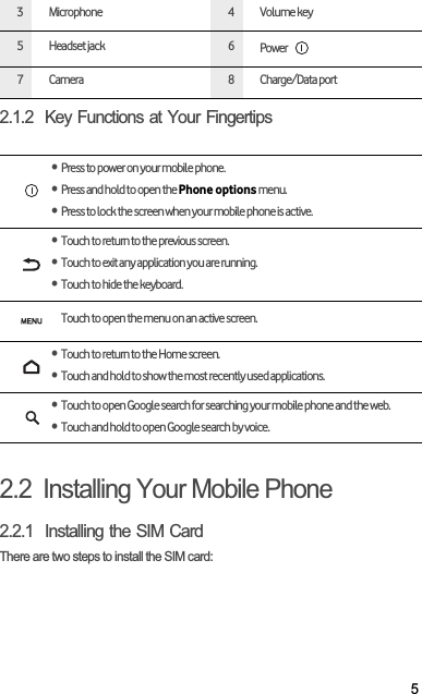52.1.2  Key Functions at Your Fingertips2.2  Installing Your Mobile Phone2.2.1  Installing the SIM CardThere are two steps to install the SIM card:3Microphone 4Volume key5Headset jack 6Power 7Camera 8 Charge/Data port• Press to power on your mobile phone. • Press and hold to open the Phone options menu.• Press to lock the screen when your mobile phone is active.• Touch to return to the previous screen.• Touch to exit any application you are running.• Touch to hide the keyboard.Touch to open the menu on an active screen.• Touch to return to the Home screen.• Touch and hold to show the most recently used applications.• Touch to open Google search for searching your mobile phone and the web.• Touch and hold to open Google search by voice.