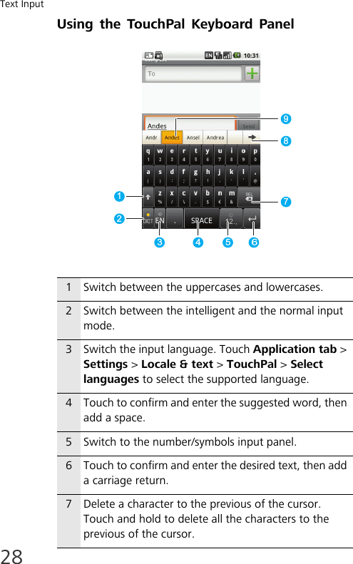 Text Input28Using the TouchPal Keyboard Panel1Switch between the uppercases and lowercases.2  Switch between the intelligent and the normal input mode.3Switch the input language. Touch Application tab &gt; Settings &gt; Locale &amp; text &gt; TouchPal &gt; Select languages to select the supported language.4Touch to confirm and enter the suggested word, then add a space.5Switch to the number/symbols input panel.6Touch to confirm and enter the desired text, then add a carriage return.7Delete a character to the previous of the cursor. Touch and hold to delete all the characters to the previous of the cursor.123 4 56897