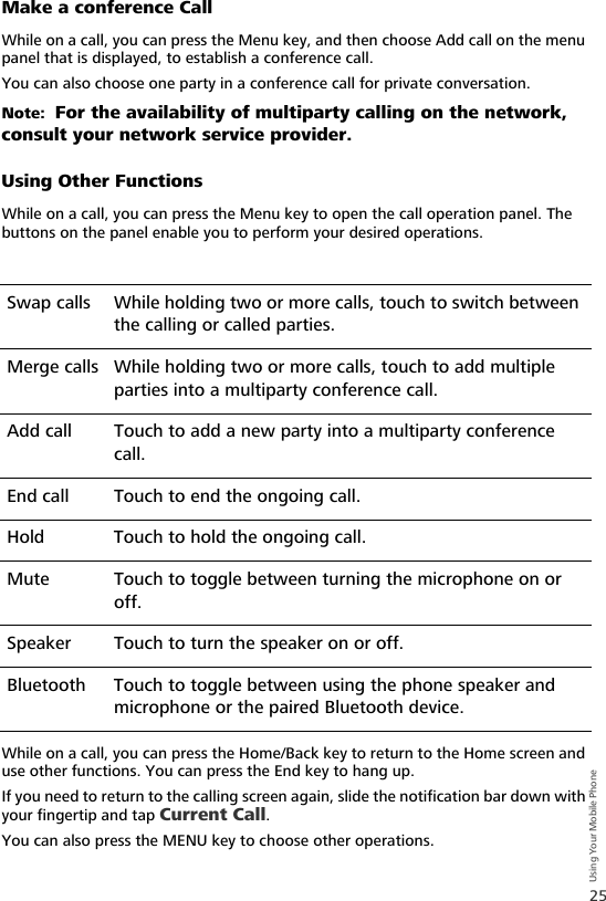 25Using Your Mobile PhoneMake a conference Call While on a call, you can press the Menu key, and then choose Add call on the menu panel that is displayed, to establish a conference call.You can also choose one party in a conference call for private conversation.Note:  For the availability of multiparty calling on the network, consult your network service provider.Using Other FunctionsWhile on a call, you can press the Menu key to open the call operation panel. The buttons on the panel enable you to perform your desired operations.While on a call, you can press the Home/Back key to return to the Home screen and use other functions. You can press the End key to hang up.If you need to return to the calling screen again, slide the notification bar down with your fingertip and tap Current Call.You can also press the MENU key to choose other operations.Swap calls While holding two or more calls, touch to switch between the calling or called parties.Merge calls While holding two or more calls, touch to add multiple parties into a multiparty conference call.Add call Touch to add a new party into a multiparty conference call.End call Touch to end the ongoing call.Hold Touch to hold the ongoing call.Mute Touch to toggle between turning the microphone on or off.Speaker Touch to turn the speaker on or off.Bluetooth Touch to toggle between using the phone speaker and microphone or the paired Bluetooth device.