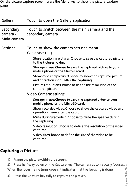 53Using Your Mobile PhoneOn the picture capture screen, press the Menu key to show the picture capture panel.Capturing a Picture1) Frame the picture within the screen. 2) Press half-way down on the Capture key. The camera automatically focuses. When the focus frame turns green, it indicates that the focusing is done.3) Press the Capture key fully to capture the picture.Gallery Touch to open the Gallery application.Secondary camera / Main cameraTouch to switch between the main camera and the secondary camera.Settings Touch to show the camera settings menu.Camerasettings:• Store location in pictures:Choose to save the captured picture to the Pictures folder.•Storage in use:Choose to save the captured picture to your mobile phone or the MicroSD card.• Show captured picture:Choose to show the captured picture and operation menu after the capturing.• Picture resolution:Choose to define the resolution of the captured picture.Video Camerasettings:•Storage in use:Choose to save the captured video to your mobile phone or the MicroSD card.• Show recorded video:Choose to show the captured video and operation menu after the capturing.• Mute during recording:Choose to mute the speaker during the capturing. • Video resolution:Choose to define the resolution of the video captured.• Video size:Choose to define the size of the video to be captured.