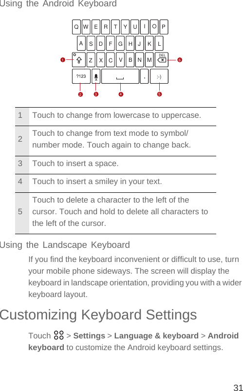 31Using the Android KeyboardUsing the Landscape KeyboardIf you find the keyboard inconvenient or difficult to use, turn your mobile phone sideways. The screen will display the keyboard in landscape orientation, providing you with a wider keyboard layout.Customizing Keyboard SettingsTouch  &gt; Settings &gt; Language &amp; keyboard &gt; Android keyboard to customize the Android keyboard settings.1 Touch to change from lowercase to uppercase.2Touch to change from text mode to symbol/number mode. Touch again to change back.3 Touch to insert a space.4 Touch to insert a smiley in your text.5Touch to delete a character to the left of the cursor. Touch and hold to delete all characters to the left of the cursor..:-)DELQWERTYU IOPASDFGHJKLZXCVBNM123465