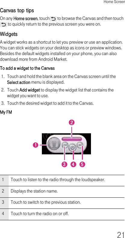 Home Screen21Canvas top tipsOn any Home screen, touch  to browse the Canvas and then touch  to quickly return to the previous screen you were on.WidgetsA widget works as a shortcut to let you preview or use an application. You can stick widgets on your desktop as icons or preview windows. Besides the default widgets installed on your phone, you can also download more from Android Market.To add a widget to the Canvas1. Touch and hold the blank area on the Canvas screen until the Select action menu is displayed.2. Touch Add widget to display the widget list that contains the widget you want to use.3. Touch the desired widget to add it to the Canvas.My FM1Touch to listen to the radio through the loudspeaker.2Displays the station name.3Touch to switch to the previous station.4Touch to turn the radio on or off.21354