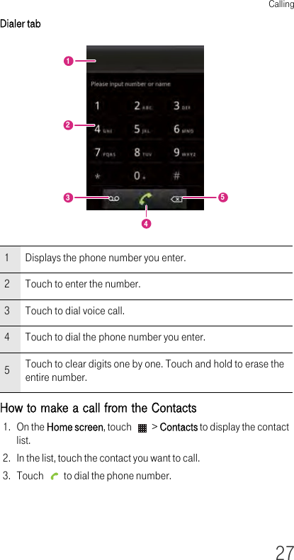 Calling27Dialer tab How to make a call from the Contacts1. On the Home screen, touch   &gt; Contacts to display the contact list.2. In the list, touch the contact you want to call.3. Touch   to dial the phone number.1Displays the phone number you enter.2Touch to enter the number.3Touch to dial voice call.4Touch to dial the phone number you enter.5Touch to clear digits one by one. Touch and hold to erase the entire number.12345