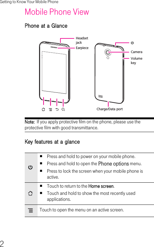 Getting to Know Your Mobile Phone2Mobile Phone View Phone at a GlanceNote:  If you apply protective film on the phone, please use the protective film with good transmittance. Key features at a glance Press and hold to power on your mobile phone. Press and hold to open the Phone options menu.Press to lock the screen when your mobile phone is active.Touch to return to the Home screen.Touch and hold to show the most recently used applications.Touch to open the menu on an active screen.Charge/Data portCameraVolumekeyHeadset jackEarpiece