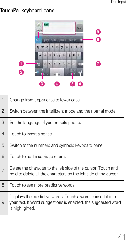 Text Input41TouchPal keyboard panel 1Change from upper case to lower case.2Switch between the intelligent mode and the normal mode.3Set the language of your mobile phone. 4Touch to insert a space.5Switch to the numbers and symbols keyboard panel.6Touch to add a carriage return.7Delete the character to the left side of the cursor. Touch and hold to delete all the characters on the left side of the cursor.8Touch to see more predictive words.9Displays the predictive words. Touch a word to insert it into your text. If Word suggestions is enabled, the suggested word is highlighted.854397216