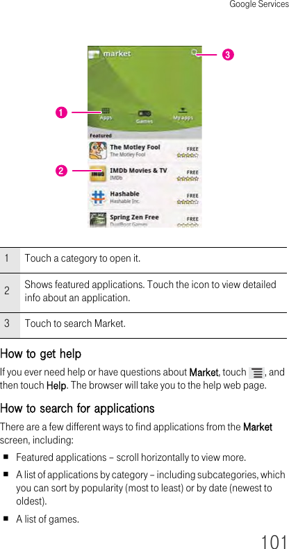 Google Services101How to get help If you ever need help or have questions about Market, touch  , and then touch Help. The browser will take you to the help web page.How to search for applications There are a few different ways to find applications from the Market screen, including:Featured applications – scroll horizontally to view more.A list of applications by category – including subcategories, which you can sort by popularity (most to least) or by date (newest to oldest).A list of games.1Touch a category to open it.2Shows featured applications. Touch the icon to view detailed info about an application.3Touch to search Market.123
