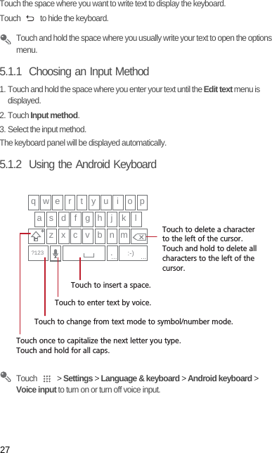 27Touch the space where you want to write text to display the keyboard.Touch   to hide the keyboard. Touch and hold the space where you usually write your text to open the options menu.5.1.1  Choosing an Input Method1. Touch and hold the space where you enter your text until the Edit text menu is displayed.2. Touch Input method.3. Select the input method.The keyboard panel will be displayed automatically.5.1.2  Using the Android Keyboard Touch   &gt; Settings &gt; Language &amp; keyboard &gt; Android keyboard &gt; Voice input to turn on or turn off voice input.q w e r t y u i o pa s d f g h j kz x c v b n m.:-)?123lTouch once to capitalize the next letter you type. Touch and hold for all caps.Touch to change from text mode to symbol/number mode. Touch to enter text by voice.Touch to insert a space.Touch to delete a characterto the left of the cursor. Touch and hold to delete all characters to the left of the cursor.......