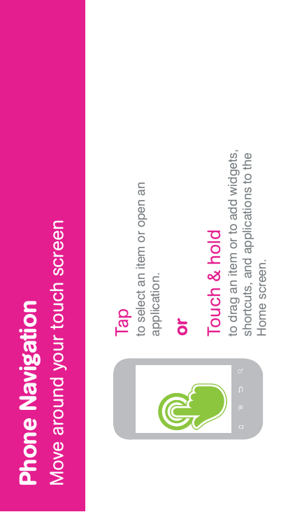 Phone NavigationMove around your touch screenTapto select an item or open an application.Touch &amp; holdto drag an item or to add widgets, shortcuts, and applications to the Home screen.or