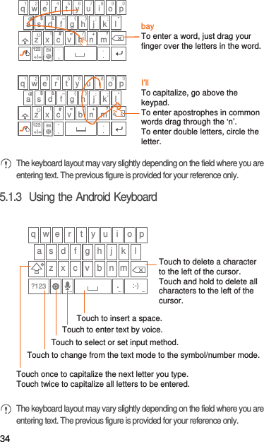 34 The keyboard layout may vary slightly depending on the field where you are entering text. The previous figure is provided for your reference only.5.1.3  Using the Android Keyboard The keyboard layout may vary slightly depending on the field where you are entering text. The previous figure is provided for your reference only.q w e#_(&amp;!/?$:;”)r t y u i o pa s d f g h j kz x c v b n m+!=lEN=+123q w e#_(&amp;!/?$:;”)r t y u i o pa s d f g h j kz x c v b n m+!=lEN=+123bayTo enter a word, just drag your finger over the letters in the word.I’llTo capitalize, go above the keypad.To enter apostrophes in common words drag through the ‘n’.To enter double letters, circle theletter.q w e r t y u i o pa s d f g h j kz x c v b n m.?123lTouch once to capitalize the next letter you type. Touch twice to capitalize all letters to be entered.Touch to change from the text mode to the symbol/number mode. Touch to enter text by voice.Touch to insert a space.Touch to delete a characterto the left of the cursor. Touch and hold to delete all characters to the left of the cursor.......Touch to select or set input method.:-)...