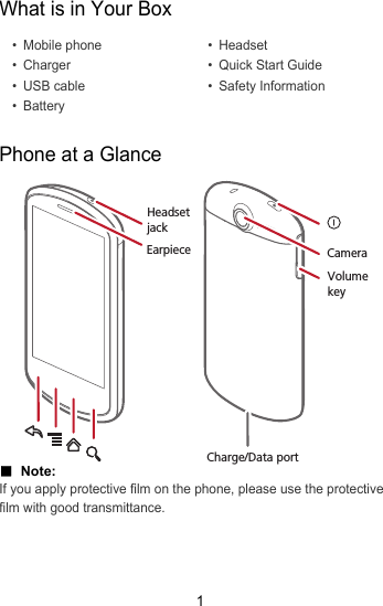 1What is in Your BoxPhone at a Glance■  Note:  If you apply protective film on the phone, please use the protective film with good transmittance. • Mobile phone• Charger• USB cable• Battery• Headset• Quick Start Guide• Safety InformationCharge/Data portCameraVolumekeyHeadset jackEarpiece
