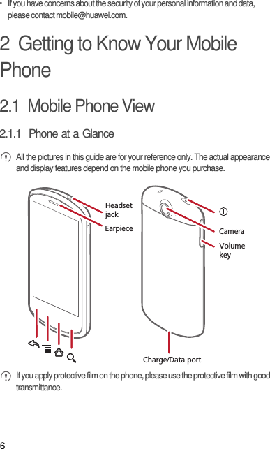 6•   If you have concerns about the security of your personal information and data, please contact mobile@huawei.com.2  Getting to Know Your Mobile Phone2.1  Mobile Phone View2.1.1  Phone at a Glance All the pictures in this guide are for your reference only. The actual appearance and display features depend on the mobile phone you purchase. If you apply protective film on the phone, please use the protective film with good transmittance. Charge/Data portCameraVolumekeyHeadset jackEarpiece