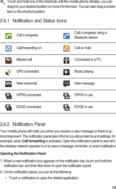 13 Touch and hold one of the shortcuts until the mobile phone vibrates, you can drag it to your desired location or move it to the trash. You can also drag a screen item to the shortcut position.2.6.1  Notification and Status Icons2.6.2  Notification PanelYour mobile phone will notify you when you receive a new message or there is an incoming event. The notification panel also informs you about alarms and settings, for example, when Call forwarding is activated. Open the notification panel to see who the wireless network operator is or to view a message, reminder, or event notification.Opening the Notification Panel1. When a new notification icon appears on the notification bar, touch and hold the notification bar, and then flick down to open the notification panel.2. On the notification panel, you can do the following:•  Touch a notification to open the related application.Call in progress Call in progress using a Bluetooth deviceCall forwarding on Call on holdMissed call Connected to a PCGPS connected Music playingNew voicemail New messageGPRS connected GPRS in useEDGE connected EDGE in use