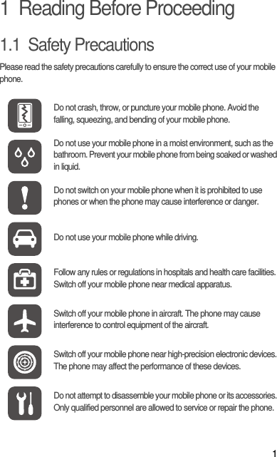 11  Reading Before Proceeding1.1  Safety PrecautionsPlease read the safety precautions carefully to ensure the correct use of your mobile phone.Do not crash, throw, or puncture your mobile phone. Avoid the falling, squeezing, and bending of your mobile phone.Do not use your mobile phone in a moist environment, such as the bathroom. Prevent your mobile phone from being soaked or washed in liquid.Do not switch on your mobile phone when it is prohibited to use phones or when the phone may cause interference or danger.Do not use your mobile phone while driving.Follow any rules or regulations in hospitals and health care facilities. Switch off your mobile phone near medical apparatus.Switch off your mobile phone in aircraft. The phone may cause interference to control equipment of the aircraft.Switch off your mobile phone near high-precision electronic devices. The phone may affect the performance of these devices.Do not attempt to disassemble your mobile phone or its accessories. Only qualified personnel are allowed to service or repair the phone.