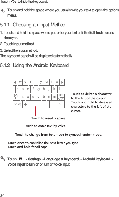 24Touch   to hide the keyboard. Touch and hold the space where you usually write your text to open the options menu.5.1.1  Choosing an Input Method1. Touch and hold the space where you enter your text until the Edit text menu is displayed.2. Touch Input method.3. Select the input method.The keyboard panel will be displayed automatically.5.1.2  Using the Android Keyboard Touch  &gt; Settings &gt; Language &amp; keyboard &gt; Android keyboard &gt; Voice input to turn on or turn off voice input.q w e r t y u i o pa s d f g h j kz x c v b n m.?123DELlTouch once to capitalize the next letter you type. Touch and hold for all caps.Touch to change from text mode to symbol/number mode. Touch to enter text by voice.Touch to insert a space.Touch to delete a characterto the left of the cursor. Touch and hold to delete all characters to the left of the cursor.:)