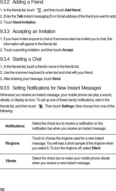 529.3.2  Adding a Friend1. In the friends list, touch  , and then touch Add friend.2. Enter the Talk instant messaging ID or Gmail address of the friend you want to add.3. Touch Send invitation.9.3.3  Accepting an Invitation1. If you have invited anyone to chat or if someone else has invited you to chat, this information will appear in the friends list.2. Touch a pending invitation, and then touch Accept.9.3.4  Starting a Chat1. In the friends list, touch a friend&apos;s name in the friends list.2. Use the onscreen keyboard to enter text and chat with your friend.3. After entering your message, touch Send.9.3.5  Setting Notifications for New Instant MessagesWhenever you receive an instant message, your mobile phone can play a sound, vibrate, or display an icon. To set up one of these handy notifications, start in the friends list, and then touch  . Then touch Settings. Now choose from one of the following:NotificationsSelect the check box to receive a notification on the notification bar when you receive an instant message.RingtoneTouch to choose the ringtone used for a new instant message. You will hear a short sample of the ringtone when you select it. To turn the ringtone off, select Silent.VibrateSelect the check box to make your mobile phone vibrate when you receive a new instant message.