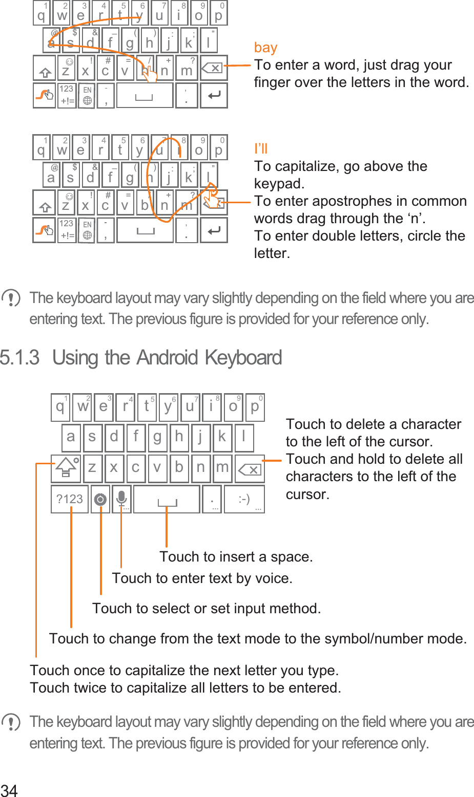 34The keyboard layout may vary slightly depending on the field where you are entering text. The previous figure is provided for your reference only.5.1.3  Using the Android KeyboardThe keyboard layout may vary slightly depending on the field where you are entering text. The previous figure is provided for your reference only.q w e#_(&amp;!/?$:;”)r t y u i o pa s d f g h j kz x c v b n m+!=lEN=+123q w e#_(&amp;!/?$:;”)r t y u i o pa s d f g h j kz x c v b n m+!=lEN=+123bayTo enter a word, just drag your finger over the letters in the word.I’llTo capitalize, go above the keypad.To enter apostrophes in common words drag through the ‘n’.To enter double letters, circle theletter.q w e r t y u i o pa s d f g h j kz x c v b n m.?123lTouch once to capitalize the next letter you type. Touch twice to capitalize all letters to be entered.Touch to change from the text mode to the symbol/number mode. Touch to enter text by voice.Touch to insert a space.Touch to delete a characterto the left of the cursor. Touch and hold to delete all characters to the left of the cursor.......Touch to select or set input method.:-)...