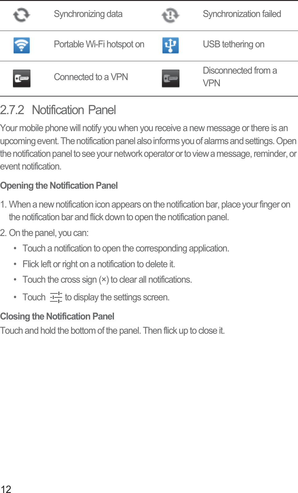 122.7.2  Notification PanelYour mobile phone will notify you when you receive a new message or there is an upcoming event. The notification panel also informs you of alarms and settings. Open the notification panel to see your network operator or to view a message, reminder, or event notification.Opening the Notification Panel1. When a new notification icon appears on the notification bar, place your finger on the notification bar and flick down to open the notification panel.2. On the panel, you can:•  Touch a notification to open the corresponding application. •  Flick left or right on a notification to delete it.•  Touch the cross sign (×) to clear all notifications.•  Touch  to display the settings screen.Closing the Notification PanelTouch and hold the bottom of the panel. Then flick up to close it.Synchronizing data Synchronization failedPortable Wi-Fi hotspot on USB tethering onConnected to a VPN Disconnected from a VPN