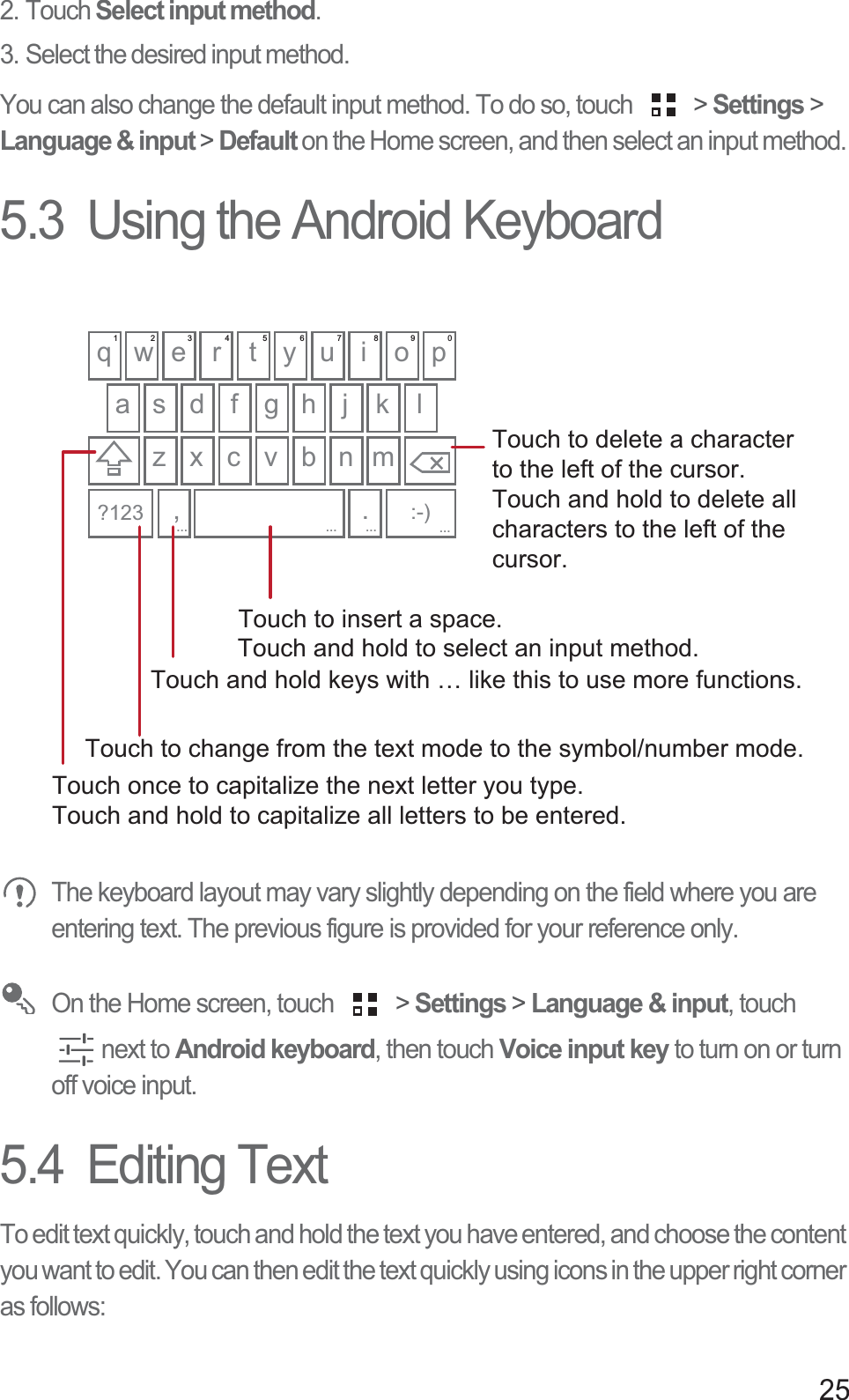 252. Touch Select input method.3. Select the desired input method. You can also change the default input method. To do so, touch   &gt; Settings &gt; Language &amp; input &gt; Default on the Home screen, and then select an input method. 5.3  Using the Android Keyboard The keyboard layout may vary slightly depending on the field where you are entering text. The previous figure is provided for your reference only. On the Home screen, touch   &gt; Settings &gt; Language &amp; input, touch next to Android keyboard, then touch Voice input key to turn on or turn off voice input.5.4  Editing TextTo edit text quickly, touch and hold the text you have entered, and choose the content you want to edit. You can then edit the text quickly using icons in the upper right corner as follows: q w e r t y u i o pa s d f g h j kzxcvbnm.,?123lTouch once to capitalize the next letter you type. Touch and hold to capitalize all letters to be entered.Touch to change from the text mode to the symbol/number mode. Touch to insert a space. Touch to delete a characterto the left of the cursor. Touch and hold to delete all characters to the left of the cursor..........:-)...1234567890Touch and hold to select an input method.Touch and hold keys with … like this to use more functions.