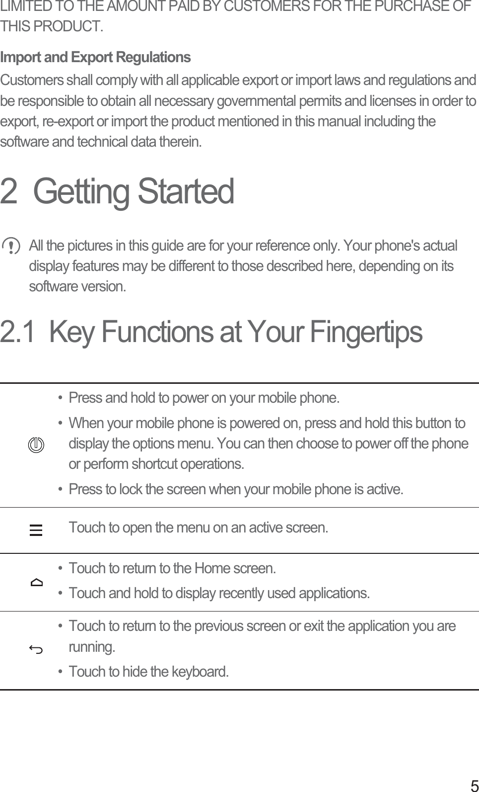 5LIMITED TO THE AMOUNT PAID BY CUSTOMERS FOR THE PURCHASE OF THIS PRODUCT.Import and Export RegulationsCustomers shall comply with all applicable export or import laws and regulations and be responsible to obtain all necessary governmental permits and licenses in order to export, re-export or import the product mentioned in this manual including the software and technical data therein.2  Getting Started All the pictures in this guide are for your reference only. Your phone&apos;s actual display features may be different to those described here, depending on its software version. 2.1  Key Functions at Your Fingertips• Press and hold to power on your mobile phone. • When your mobile phone is powered on, press and hold this button to display the options menu. You can then choose to power off the phone or perform shortcut operations.• Press to lock the screen when your mobile phone is active.Touch to open the menu on an active screen.• Touch to return to the Home screen.• Touch and hold to display recently used applications.• Touch to return to the previous screen or exit the application you are running.• Touch to hide the keyboard.