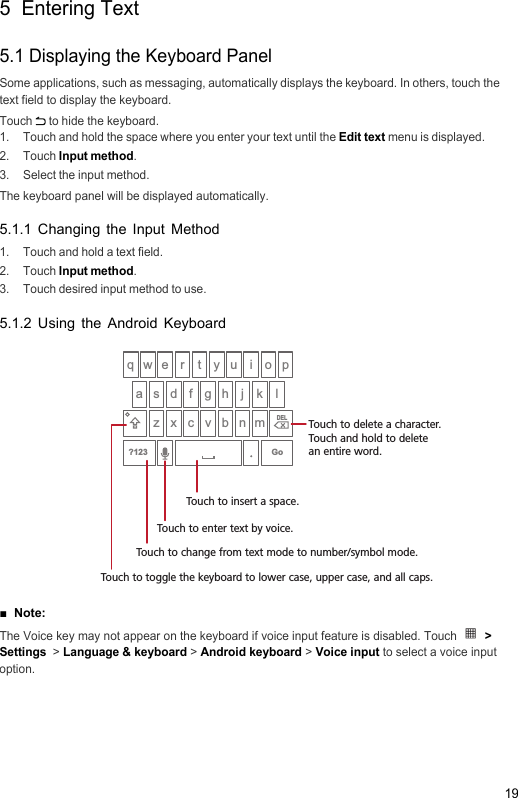 195  Entering Text5.1 Displaying the Keyboard PanelSome applications, such as messaging, automatically displays the keyboard. In others, touch the text field to display the keyboard. Touch   to hide the keyboard.1.  Touch and hold the space where you enter your text until the Edit text menu is displayed.2. Touch Input method.3.  Select the input method.The keyboard panel will be displayed automatically.5.1.1 Changing the Input Method1.  Touch and hold a text field.2. Touch Input method.3.  Touch desired input method to use.5.1.2 Using the Android Keyboard■  Note:  The Voice key may not appear on the keyboard if voice input feature is disabled. Touch  &gt; Settings  &gt; Language &amp; keyboard &gt; Android keyboard &gt; Voice input to select a voice input option.z x c v b n mDELq w e r t y u i o pa s d f g h j k lGo?123Touch to delete a character.Touch and hold to delete an entire word.Touch to insert a space.Touch to change from text mode to number/symbol mode.Touch to enter text by voice.Touch to toggle the keyboard to lower case, upper case, and all caps.
