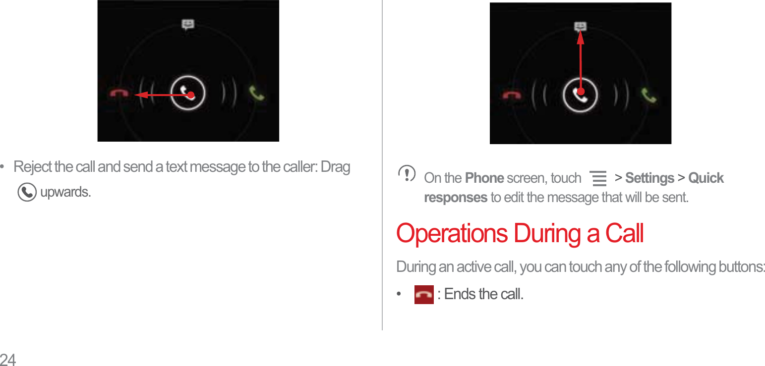 24•   Reject the call and send a text message to the caller: Drag upwards.On the Phone screen, touch   &gt; Settings &gt; Quickresponses to edit the message that will be sent.Operations During a CallDuring an active call, you can touch any of the following buttons:•  : Ends the call.