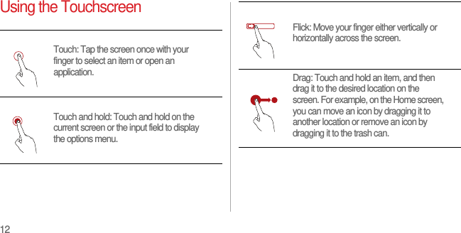 12Using the TouchscreenTouch: Tap the screen once with your finger to select an item or open an application.Touch and hold: Touch and hold on the current screen or the input field to display the options menu.Flick: Move your finger either vertically or horizontally across the screen.Drag: Touch and hold an item, and then drag it to the desired location on the screen. For example, on the Home screen, you can move an icon by dragging it to another location or remove an icon by dragging it to the trash can.