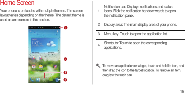 15Home ScreenYour phone is preloaded with multiple themes. The screen layout varies depending on the theme. The default theme is used as an example in this section. To move an application or widget, touch and hold its icon, and then drag the icon to the target location. To remove an item, drag it to the trash can.12341Notification bar: Displays notifications and status icons. Flick the notification bar downwards to open the notification panel.2 Display area: The main display area of your phone.3 Menu key: Touch to open the application list.4Shortcuts: Touch to open the corresponding applications.