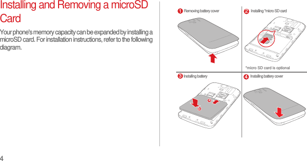 4Installing and Removing a microSD CardYour phone&apos;s memory capacity can be expanded by installing a microSD card. For installation instructions, refer to the following diagram.Removing battery coverInstalling battery cover1Installing *micro SD cardInstalling battery*micro SD card is optional324ab