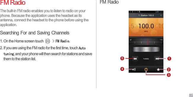 89FM RadioThe built-in FM radio enables you to listen to radio on your phone. Because the application uses the headset as its antenna, connect the headset to the phone before using the application.Searching For and Saving Channels1. On the Home screen touch !)05DGLR.2. If you are using the FM radio for the first time, touch $XWRWXQLQJ, and your phone will then search for stations and save them to the station list. FM Radio12345